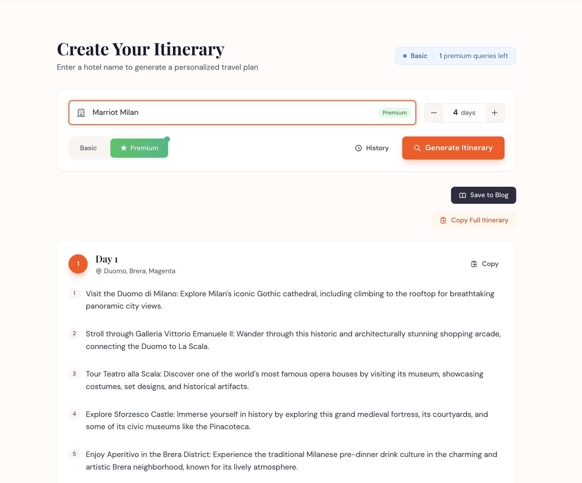 HotelItinerary app interface showing a generated travel itinerary